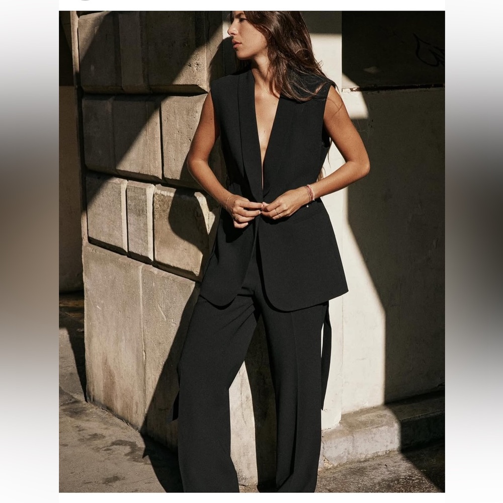 Zara Black Tuxedo collar Blazer Vest with Belt